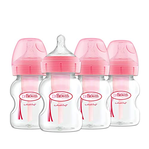 Dr. Brown s Natural Flow Options + Wide-Neck Bottle, Pink Print, 4 Pack, 5 Ounce