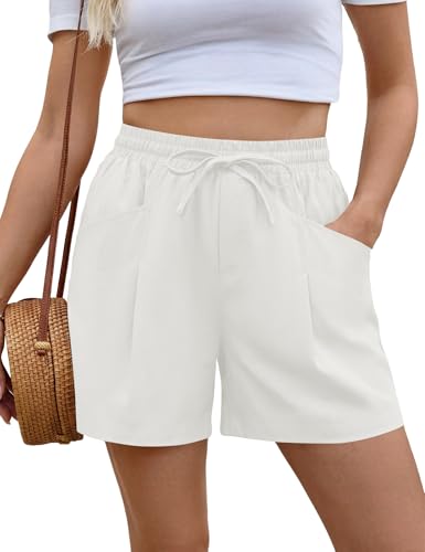 Rapbin Womens Shorts Summer Linen Cotton Wide Leg Drawstring Elastic Waist Casual Shorts with Pockets White M