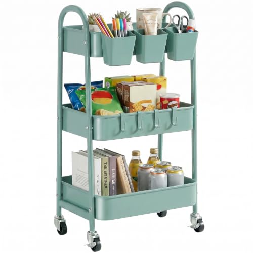 danpinera 3-Tier Rolling Cart, Utility Cart Mobile Metal Rolling Storage Cart with Lockable Wheels & Hanging Cups & Hooks for Kitchen, Bathroom, Office, Workshop, Green