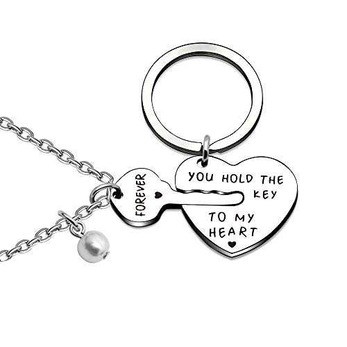 AGR8T 2pcs Key Chain Pendant Necklace Inspirational Heart Valentine Gifts for Couple Lover - You Hold The Key to My Heart Forever
