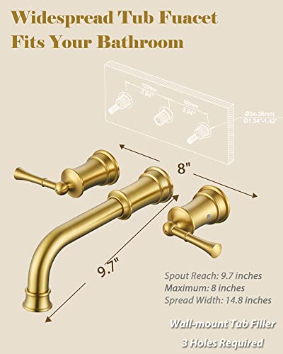 Hangoro Tub Faucet, Widespread Wall Mounted Roman Bathtub Faucet Dual Lever Handles, Brass Rougn-In Valve, 7.7Gpm High Water Flow, 360° Swivel Spout Head Faucet For Bathroom, Brush Gold(B2306-Bg) #TOP4
