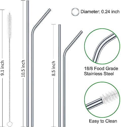 Image of Vinaco Stainless Steel Straws Reusable, 12 Pack 8.5 inch & 10.5 inch Metal Straws 0.24 inch for 20 oz - 32 oz Tumblers, Long Drinking Straws with Cleaning Brush for Coffee, Juice, Cocktail and Hot Drinks