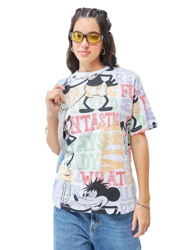 Image of Bewakoof X Disney Mickey Women's 100% Cotton Graphic Print Oversized Fit Half Sleeve Round Neck T-Shirt | Casual wear | Streetwear | Oversized Tshirt for Woman Cotton| Baggy