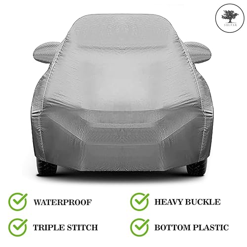 Image of Sulfar 100% Waterproof Car Body Cover Compatible with Mirror for Tata Tiago (Triple Stitched, Full Bottom Elastic, Grey-TB)