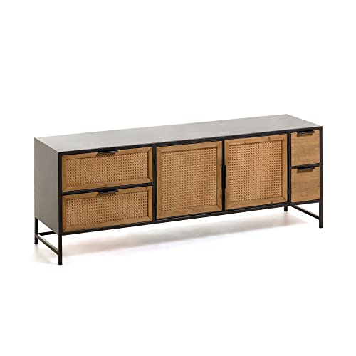 Kave Home - Mueble TV Kyoko 150 x 55 cm con cajones y Puertas de Madera Maciza de Cedro y ratán y Estructura de Metal en Negro Cover