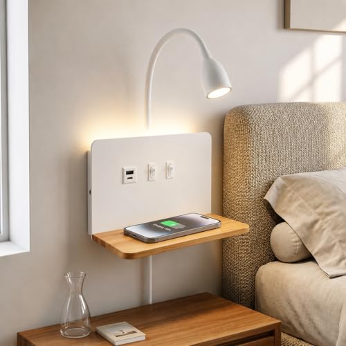 Bianco Applique da parete interno LED, Lampada da parete con Porte di Ricarica USB e Caricatore Wireless, Lampada a Muro a parete con spina e cavo, Regolabile e Flessibile Luce da Lettura Dimmerabile
