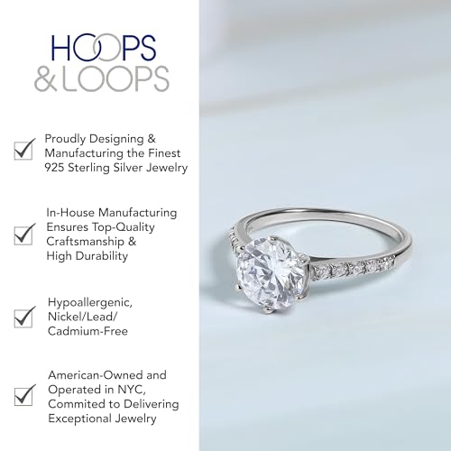 Hoops & Loops 925 Sterling Silver Round-Cut 3.00 Carat Cubic Zirconia 6-Prong-Set Solitaire Engagement Bridal Wedding Band Ring for Women | Silver, Yellow Gold, Rose Gold3