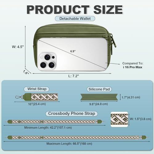 Image of YFWE Clip and Go Strap for Phone with Wallet Crossbody, Adjustable Phone Lanyard with Detachable RFID Wristlet Wallet, Pattern Strap - Olive Green(L)