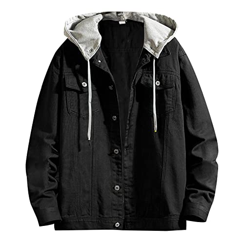 Veste en jean noire à capuche avec fermeture boucle unie style décontracté XXXXL