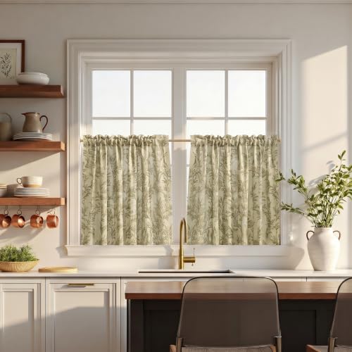 Image of TWOPAGES Rod Pocket Leaf Print Cafe Curtains, Travertine, 26W x 18L