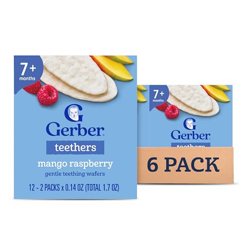 Image of Gerber Snacks for Baby Teethers, Gentle Teething Wafers, Mango Raspberry, 1.7 Ounce, 12 Count Box (Pack of 6)