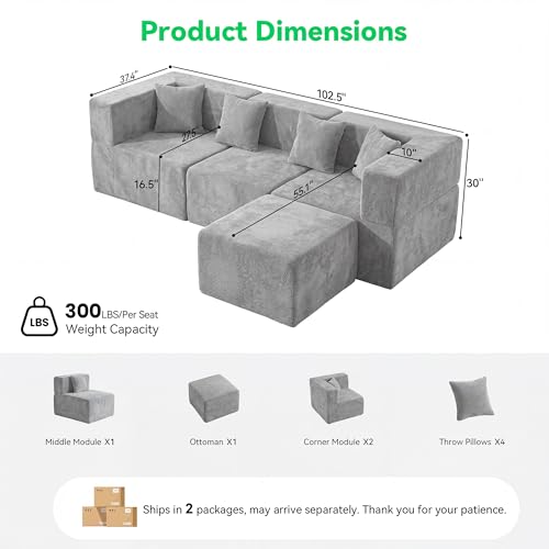 Image of MONVANE 103'' Oversized Boneless Sectional Couches for Living Room, 4-Seat L Shaped Cloud Couch, Modular Sofa with Ottoman & 4 Throw Pillows, Comfy Chenille, No Assembly Required, Light Gray
