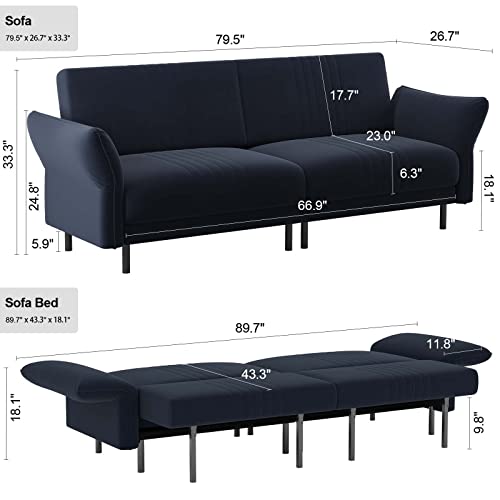 Belffin Velvet Futon Sofa Bed Convertible Futon Couch Upholstered Modern Sleeper Split Back Armrest Sofa Navy Blue #TOP1