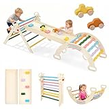DUMOS Pikler Triangle Set, Toddler Climbing Toys and Play Structure Indoor, 9-in-1 Wooden Montessori Climbing Set with Arch, Ramp and Ladder, Foldable Baby Jungle Gym, Multicolored