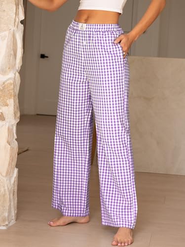 Image of ANRABESS Womens Gingham Striped Boxer Pants | 2026 Fall Outfits,Wide Leg Elastic Waist with Pockets,Casual Lounge Pajama Bottoms,Lightweight Breathable,Fashion Clothing