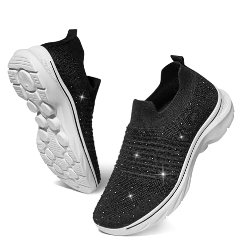 SMILIN Women's Rhinestone Sneakers, Comfortable Bling Sparkly Glitter Tennis Shoes, Breathable Mesh Slip On Walking Shoes for Women