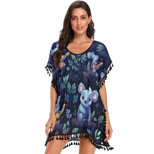 Cute Forest Animal Koala Women's Beach Cover Up Chiffon Tassel Swimwear Swimsuit Coverups for Girl