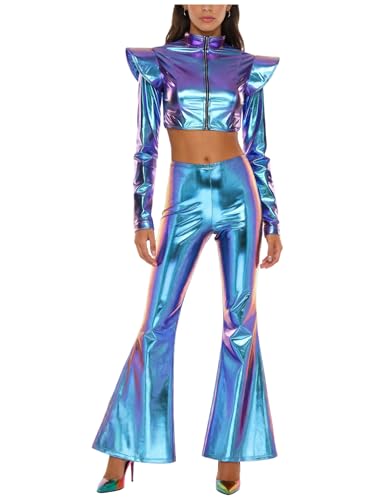 CHICTRY Womens Metallic Shiny Structured Shoulder Boards Crop Top and Flared Pants for Halloween Blue XX-Large