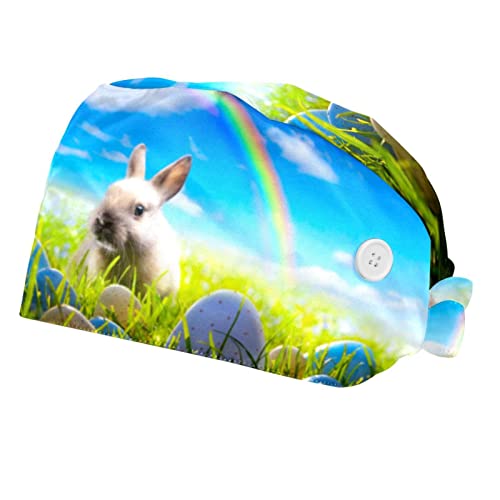 Chapeaux bouffants ajustable 2PCS à motif oeufs de lapin de Pâques pour femmes et hommes