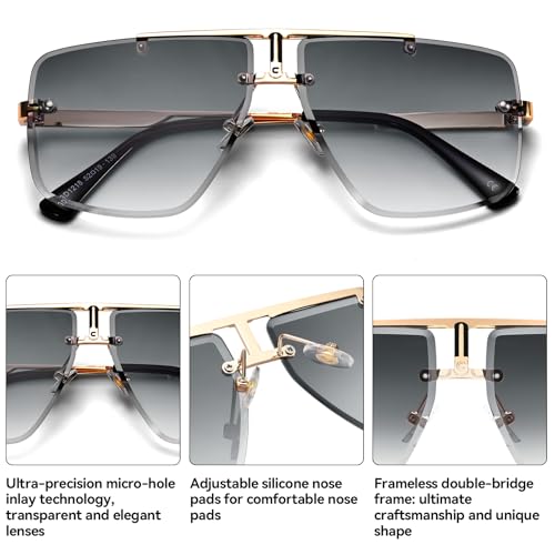 Image of Rimless Oversized Square Sunglasses for Men Trendy Fashion Big Shades Tinted Lens Gold Metal Frameless Glasses UV400