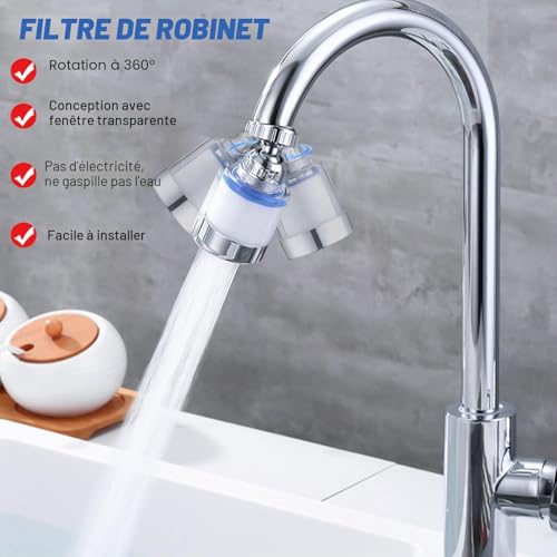 KASESSS Filtre eau Robinet Anti Calcaire Rotatif à 360° + 10 Éléments Filtrants en Coton PP pour Cuisine, Salle De Bain, L'Évier – vue 3