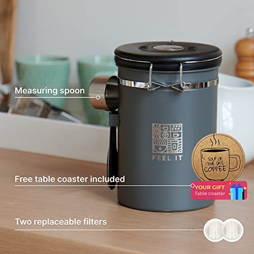 Alpaca Stainless Steel Coffee Canister - 21Oz Airtight Kitchen Food Storage Container With Date Tracker, Co2-Release Valve And Measuring Scoop For Ground Coffee, Beans, Tea, Sugar, Large (Gray) #TOP1