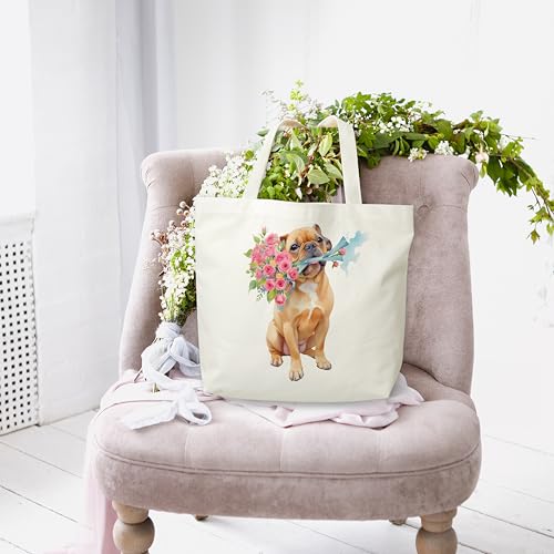 Dog Flowers Canvas Tote Bag, French Bulldog Aesthetic Grocery Bag, Floral Puppy Beach Bag Gifts For Women Dog Mom Dog Owner Dog Lovers Friends Family, Funny Doggie Reusable Shopping Bag, 044
