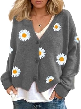 Women Oversized Flower Cardigan Sweater Daisy Embroidered Long Sleeve Button Down Sweater Knit Open Front Outwear
