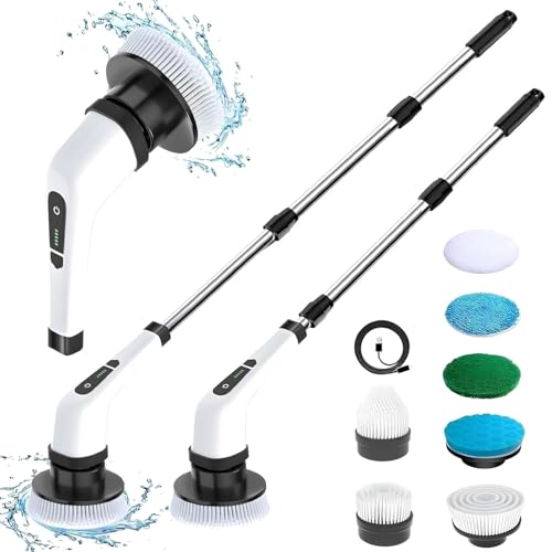 Etekcity Cleaning 9 in 1 Electric Spin Scrubber,Upgrade LED Display Cordless Scrubber with 8 Replaceable Brush Heads Adjustable 2 Speeds Extension Handle Power Cleaning Brush for Bathroom, Floor
