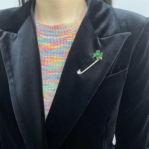 Image of Dainty Clover CZ Brooch Safety Pins Clip Scarf Sweater Shawl Waist Pants Luxury Sparkly Rhinestones Brooches for Collar Dress Skirt Suit Fashion Jewelry for Shamrock Party Birthday 2.2in