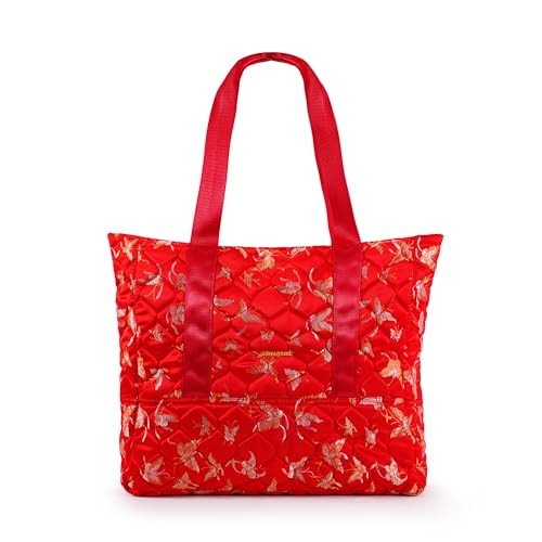 NanzPak Women's Large Tote Bag, New Chinese Jacquard Lightweight Quilted Sponge Bag for Daily Work & Travel Golden red