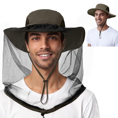 Fishing Hat with Hidden Mosquito Net Bug Net Bee Keeper Hats with Veil Bucket Hat for Men Women Sun Protection for Outdoor Activities Army Green