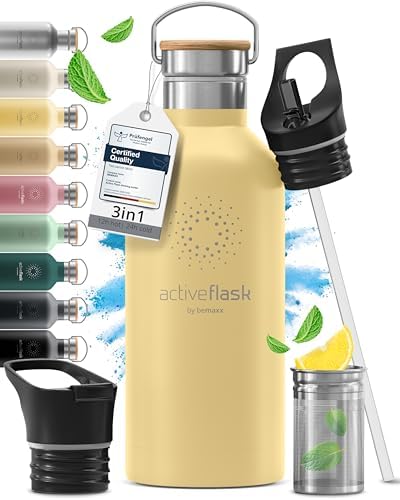 Trinkflasche Edelstahl mit Strohhalm, Infuser + 3 Deckel: BPA-frei, Auslaufsicher, Kohlensäure geeignet - Wasserflasche Fahrrad Thermosflasche Isoliert Isolierflasche Sport Wasser