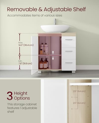 VASAGLE Under Sink Bathroom Cabinet, Storage Cabinet with Feet, 3 Drawers, 2 Compartments Behind the Door, for Washbasins with Pedestal, 30 x 60 x 64 cm, Cloud White and Natural Beige BBK514LL01 - Image 3
