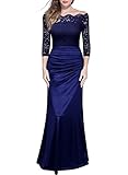 Miusol Women's Retro Off Shouler Floral Lace Ruched Bridesmaid Maxi Dress,F-navy Blue,Medium