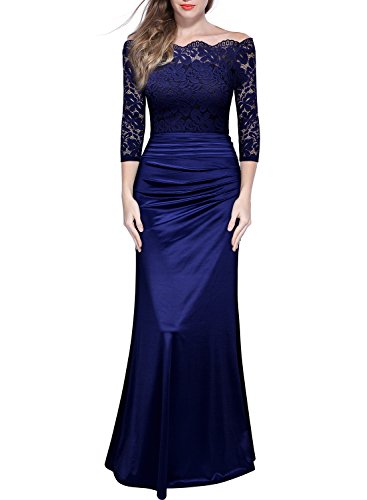 Miusol Women's Retro Off Shouler Floral Lace Ruched Bridesmaid Maxi Dress,F-navy Blue,Medium