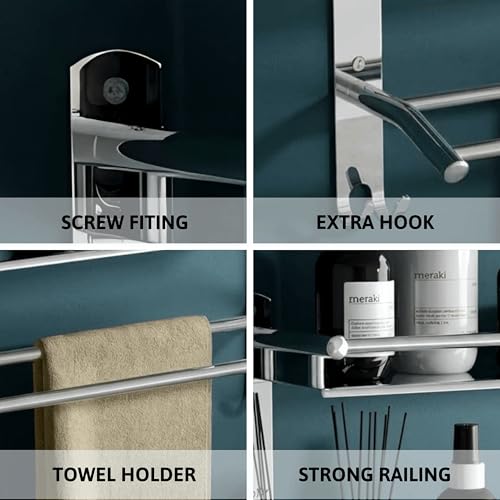 Image of GLOXY Premium Stainless Steel Bathroom Shelf Combo Pack of 3 | Double Layer Wall Mounted Storage Rack with Towel Rods | Chrome Finish Bathroom Fittings Accessories Set for Home & Washroom