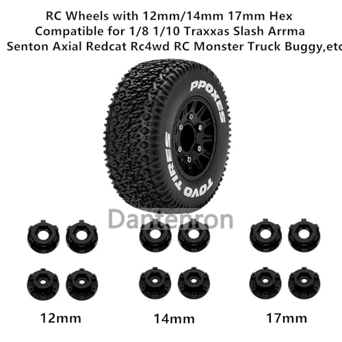 Dantenron 1/10 1/8 Truck Wheels and Tires 12mm 14mm 17mm Hex OD 4.41\" RC Short Course Tires for 1:8 1:10 Off Road Truck Car Traxxas Slash 2WD 4×4 Rc4wd Arrma Senton Axial Losi Redcat 4PCS (Black)