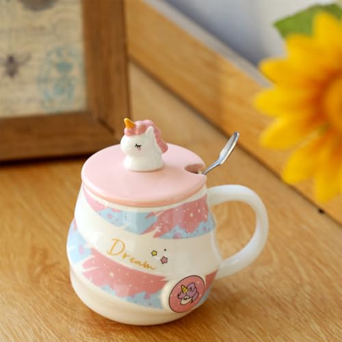 Image of Spooky Unicorn Ceramic Mug with Lid and Spoon - 400ml Cartoon Coffee Cup for Kids, Girls & Women - Gift for Birthday, Office, Christmas, Valentine's Day - Ins-Style Animal Tea Mug (Pink)