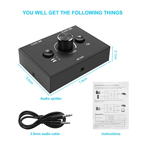 Fangxuee 3,5 mm 2 Eingang 1 Ausgang/1 Eingang 2 Ausgang Audio-Splitter-Umschalter Audio-Umschalter-Box EIN-Tasten-Stummschalttaste