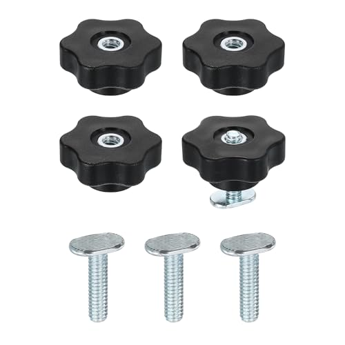 uxcell 4 Set t Track Knob Kit with Star Knobs and 1/4"-20 x 1" t Slot Bolts, t Slot Drop-in Sliding Bolts Accessories for Woodworking Jigs and Fixtures, Silver