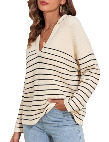 kayamiya Women's Polo V Neck Sweater Top Cable Knit Casual Fall Oversized Striped Pullover Sweaters2