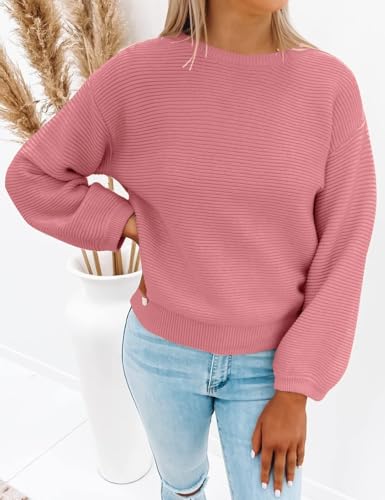 Image of ZESICA Women's Crew Neck Long Lantern Sleeve Fall 2026 Casual Loose Ribbed Knit Solid Soft Pullover Sweater Tops