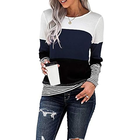 Modasua Womens Tops Patchwork T Shirts for Women Crew Neck Long Sleeve Blouse Ladies Striped Color Block Tops Oversized Blue Long Sleeve Tops for Women UK Size 22-24 Cover