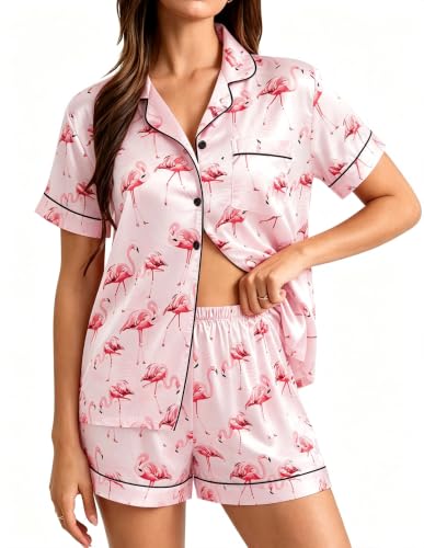 Image of SWOMOG Womens Silk Satin Pajamas Set Short Sleeve Sleepwear Button Down Top and Shorts Loungewear 2 Piece Pjs Set XS-3XL