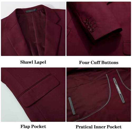 Men's Suits Slim Fit Suit Sets for Men Prom Wedding Suit 3 Pieces Business Blazer Vest Pants Set Burgundy S3