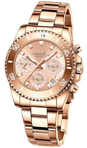 Montre chronographe femme étanche montre à quartz rose gold avec date et cadran rotatif