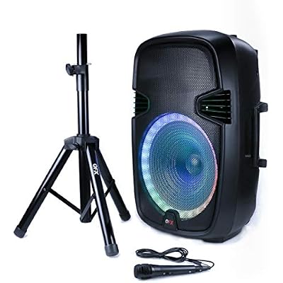 QFX PBX-153SM 15 Bluetooth Rechargeable Speaker with LED Party Lights, Microphone and Stand (2021 Model)