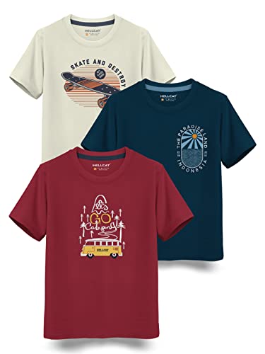 Image of HELLCAT Trendy Typographic Printed Cotton Blend Half Sleeve T-Shirt for Boys - Pack of 3