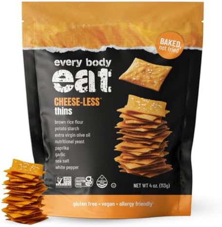 Every Body Eat Gluten Free Crackers, Cheese-Less โ Vegan Snacks, Dairy Free Cheddar Style Snack Crackers, Seed Oil Free (Pack of 6), 4 oz Bags